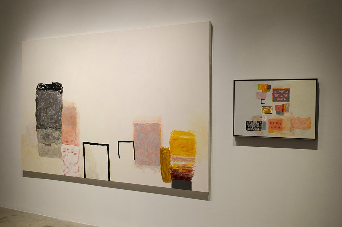 Two paintings: 'Neither Here nor There' 2015 , 72" x 111", 'Broken Square' 2016, 22" x 31". 